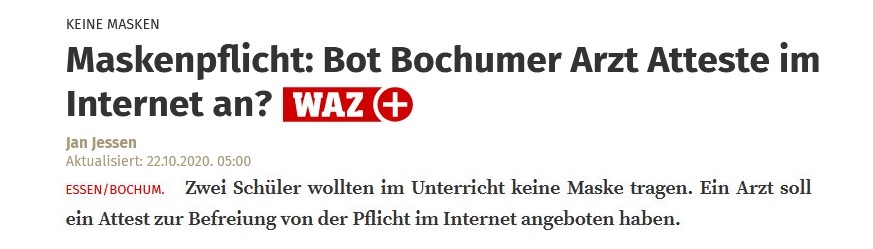 Maskenpflicht: Bot Bochumer Arzt Atteste im Internet an?